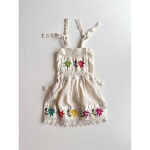 Vintage Girl's Ivory Floral Emrbroidered Cotton Gauze Peasant Dress, Size 2